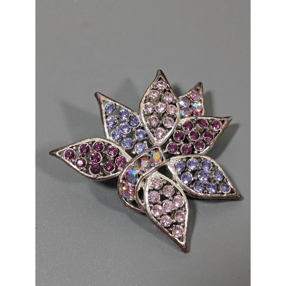 Pink Purple‎ AB Crystal Pave Flower Brooch PIn Pendant Silver Tone